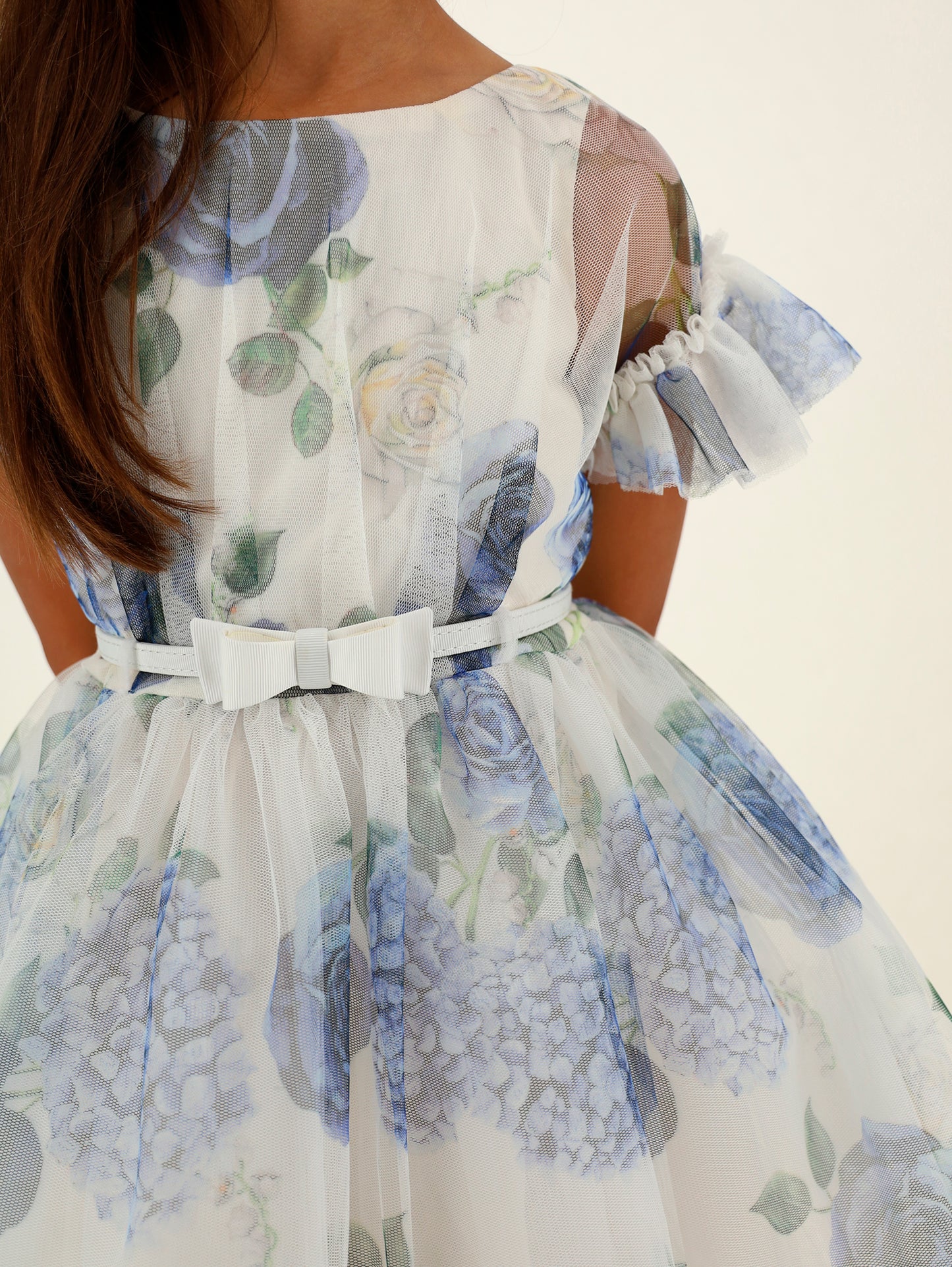 Monnalisa Floral Tulle Flutter Sleeve Dress