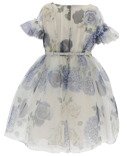 Monnalisa Floral Tulle Flutter Sleeve Dress