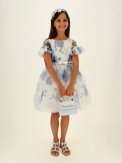 Monnalisa Floral Tulle Flutter Sleeve Dress