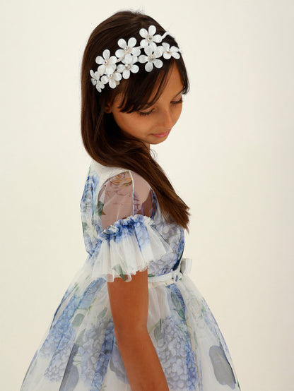 Monnalisa Floral Tulle Flutter Sleeve Dress