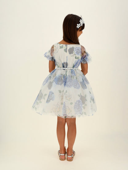 Monnalisa Floral Tulle Flutter Sleeve Dress