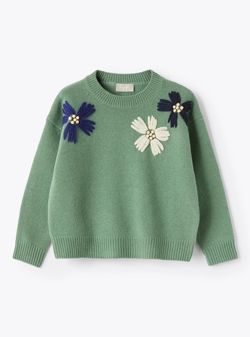 Il Gufo Girls Floral Embroidered Sweater w/ Beads