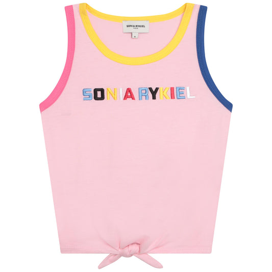 Sonia Rykiel Short Sleeve Front Tie Tank Top w/ Multicolored Logo