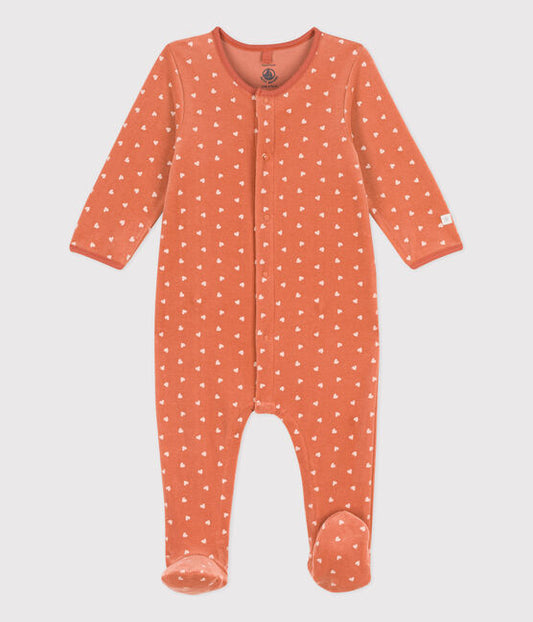 Petit Bateau Baby Girl Front Snap Velour Heart Print Footie