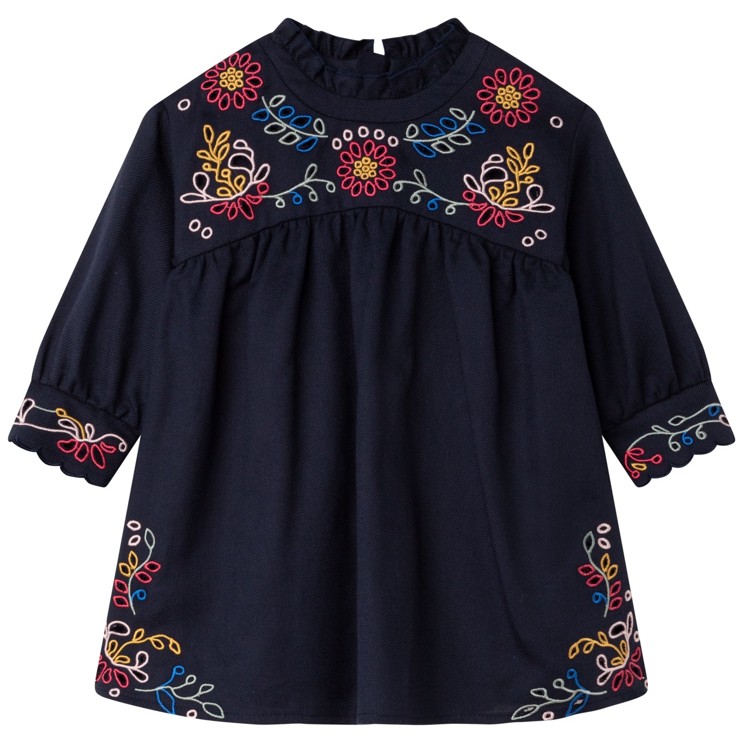 Chloe LS Twill Dress w/ Floral Embroidery