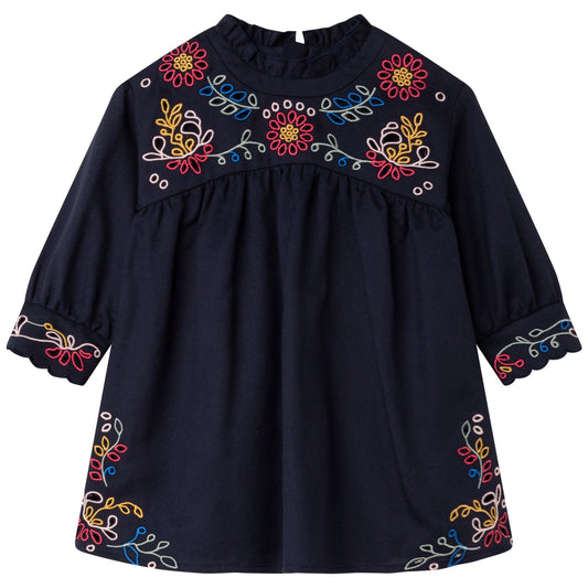 Chloe LS Twill Dress w/ Floral Embroidery