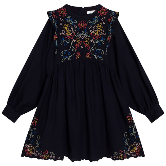 Chloe LS Twill Dress w/ Floral Embroidery