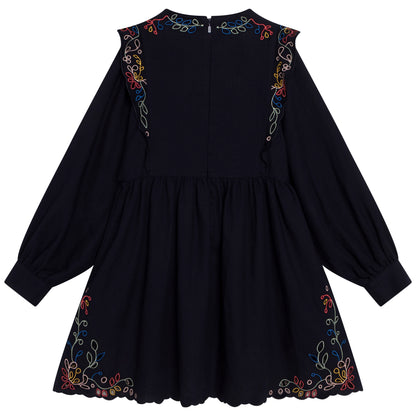 Chloe LS Twill Dress w/ Floral Embroidery