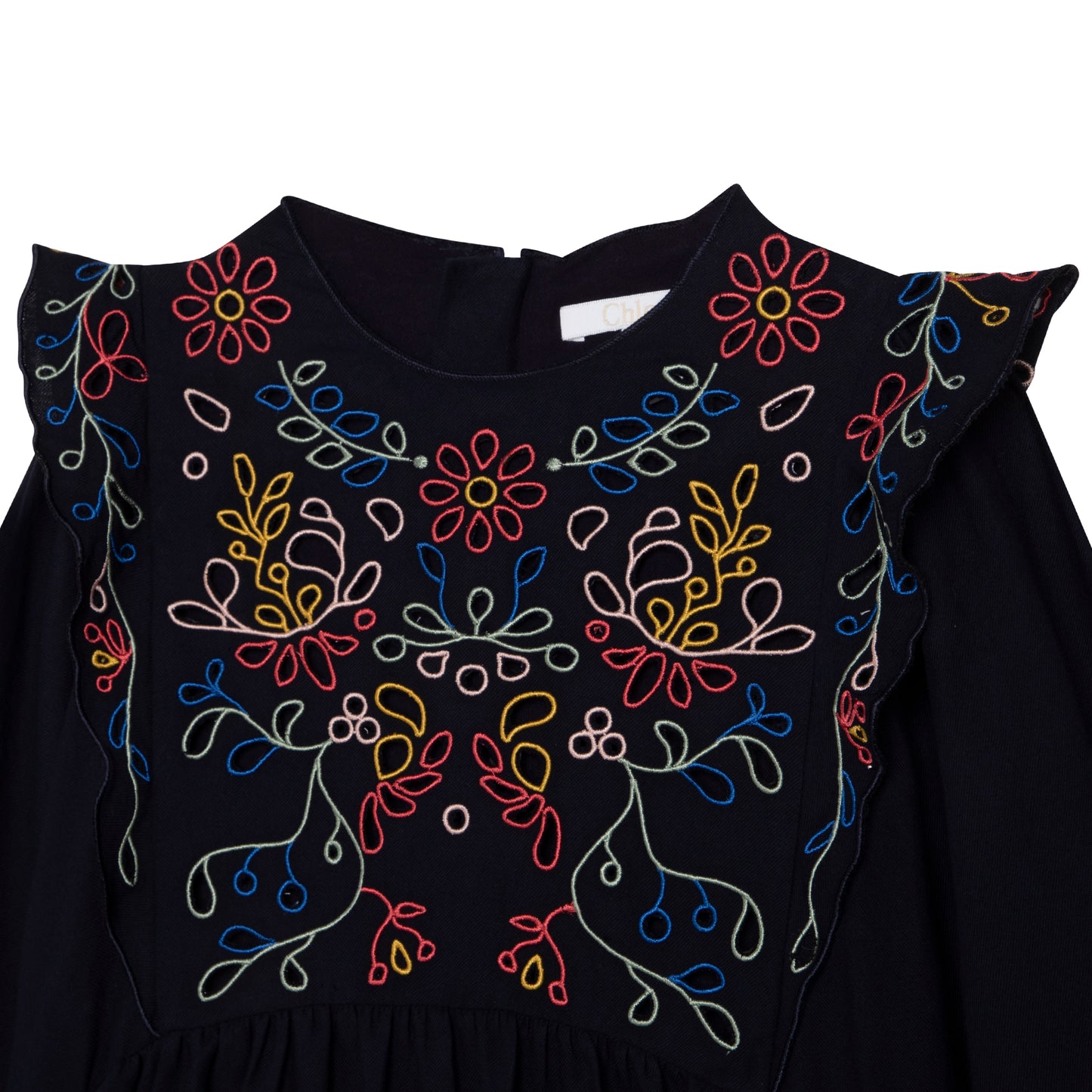 Chloe LS Twill Dress w/ Floral Embroidery