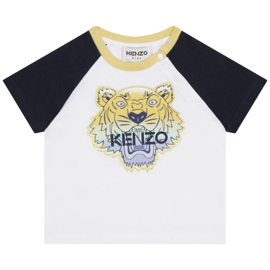 Kenzo Short Sleeved Tiger Print Tee Shirt w/ Contrasted Sleeves