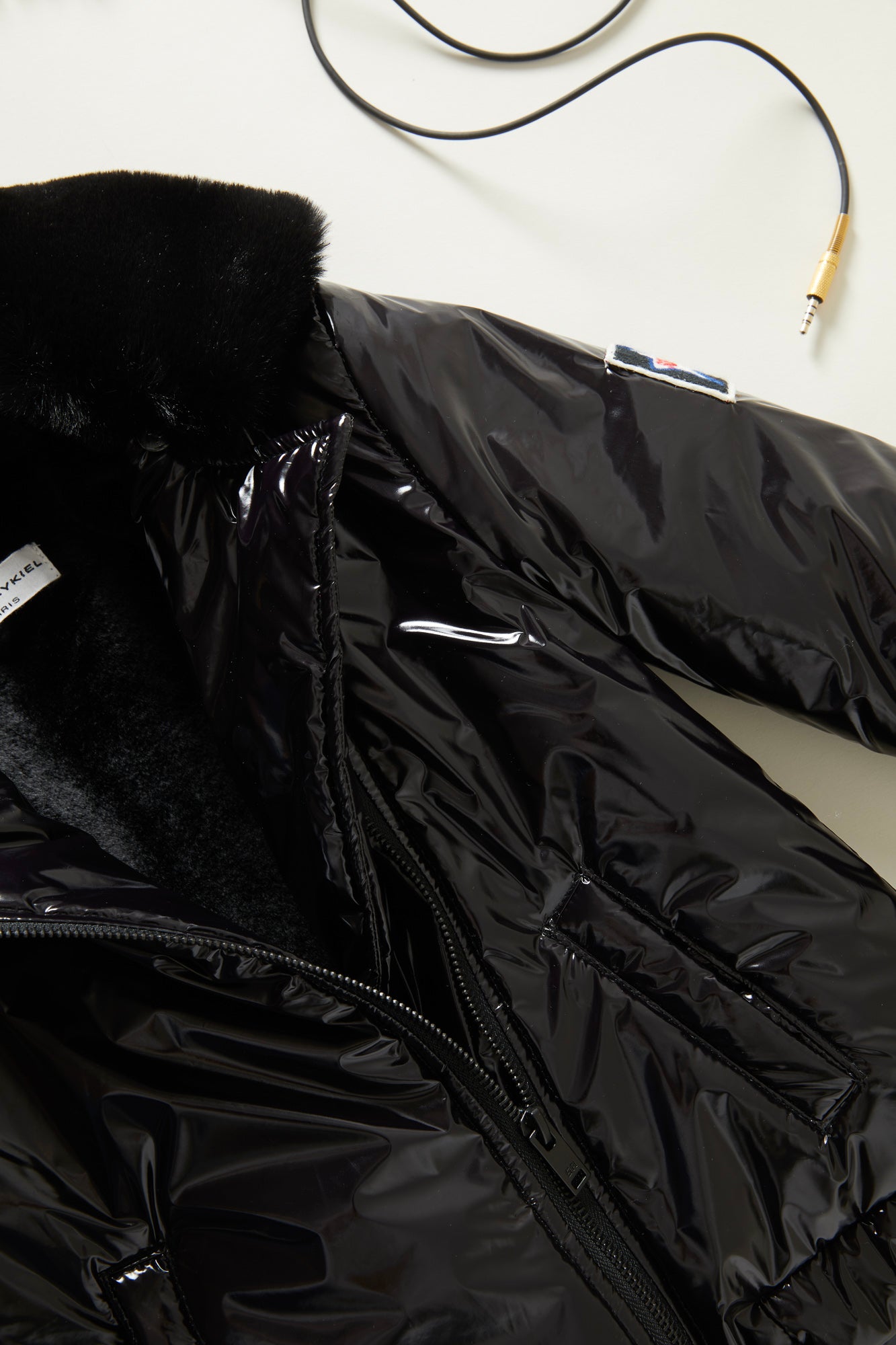 Sonia Rykiel Laury Shiny Jacket with Faux Fur Collar