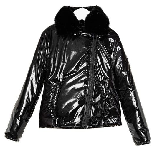 Sonia Rykiel Laury Shiny Jacket with Faux Fur Collar