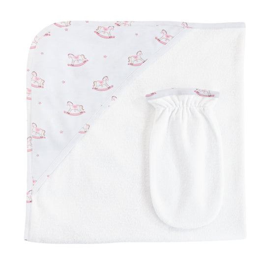 Baby Club Chic Rocking Horse Hooded Towel & Mitt Set (Pink and Blue Colors Available)