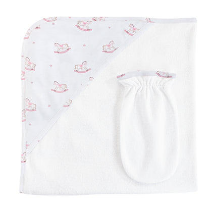 Baby Club Chic Rocking Horse Hooded Towel & Mitt Set (Pink and Blue Colors Available)