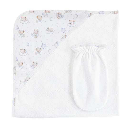 Baby Club Chic Sleep Tight Bear Hooded Towel & Mitt Set (Pink and Blue Colors Available)