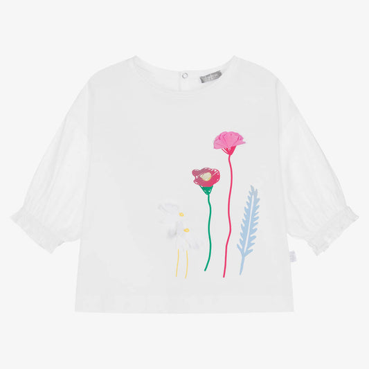 Il Gufo Girls SS Flower Art T-Shirt w/ Sheer Sleeves