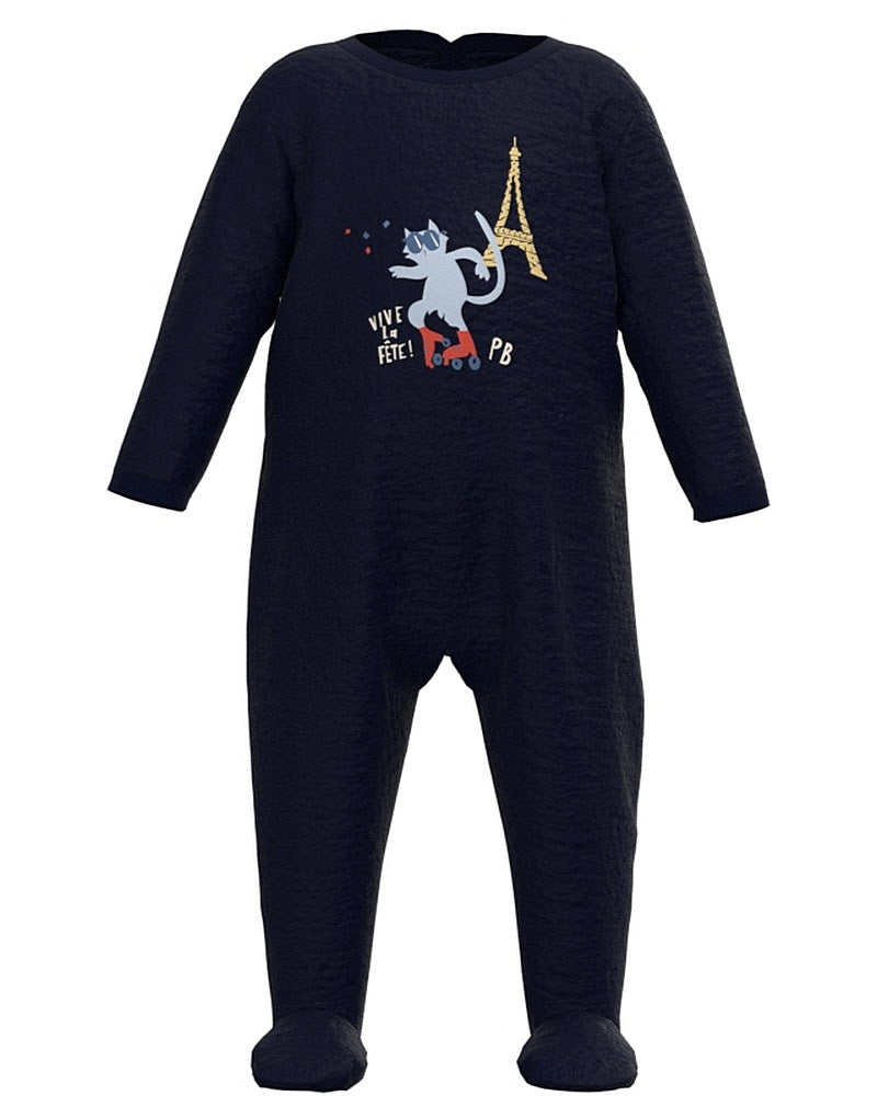 Petit Bateau Baby Boy Back Snap Velour Footie w/ Cat Graphic