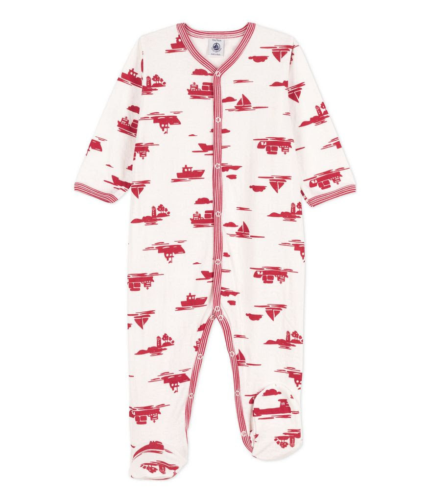 Petit Bateau Baby Front Snap Boat Print Footie