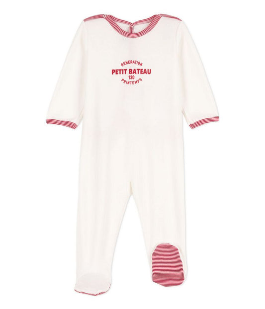 Petit Bateau Baby Back Snap Velour Footie w/ Front Logo Print